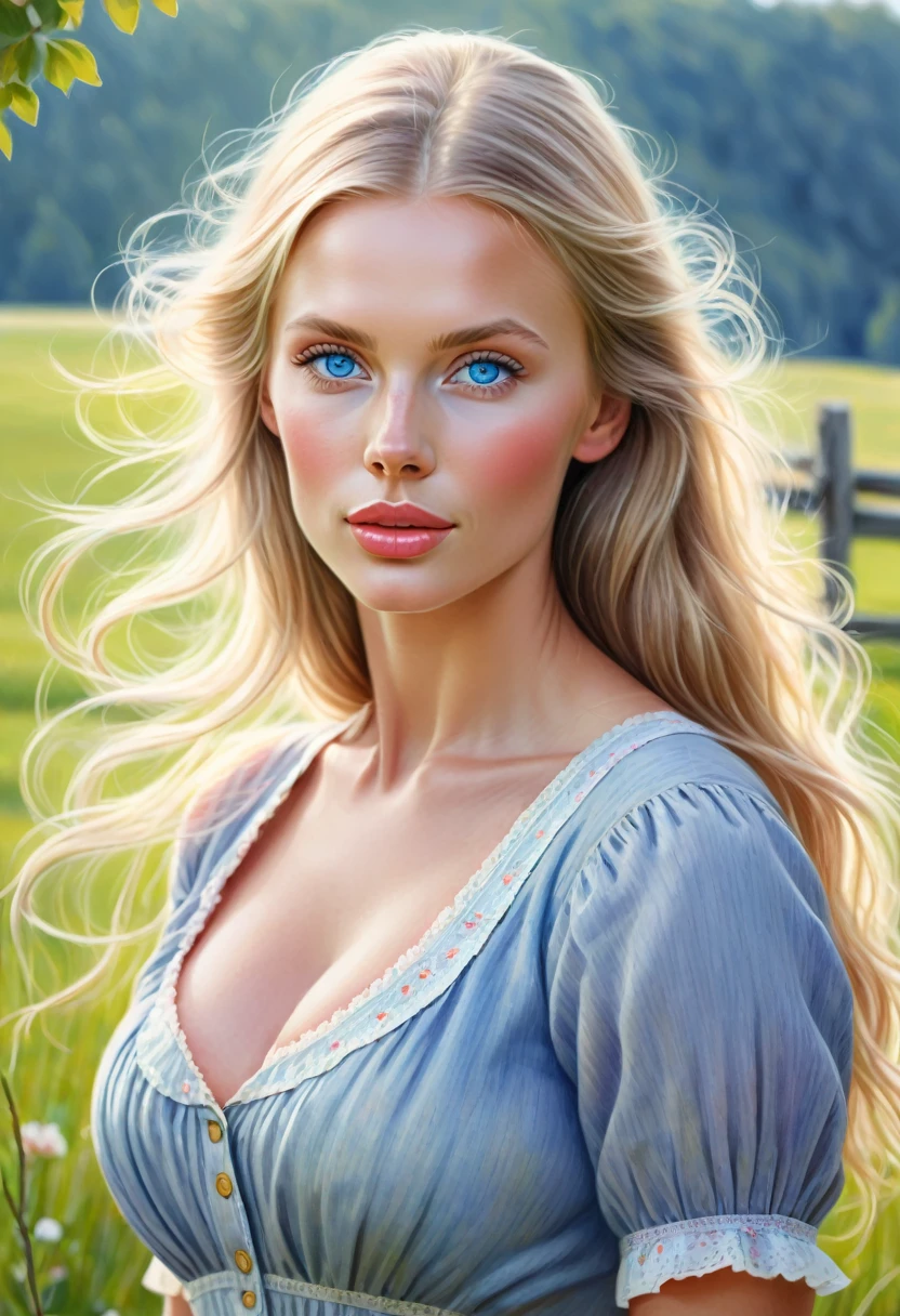 A colored pencil sketch of a beautiful swedish farm wife. crystal blue eyes. rosy complexion. full lips.