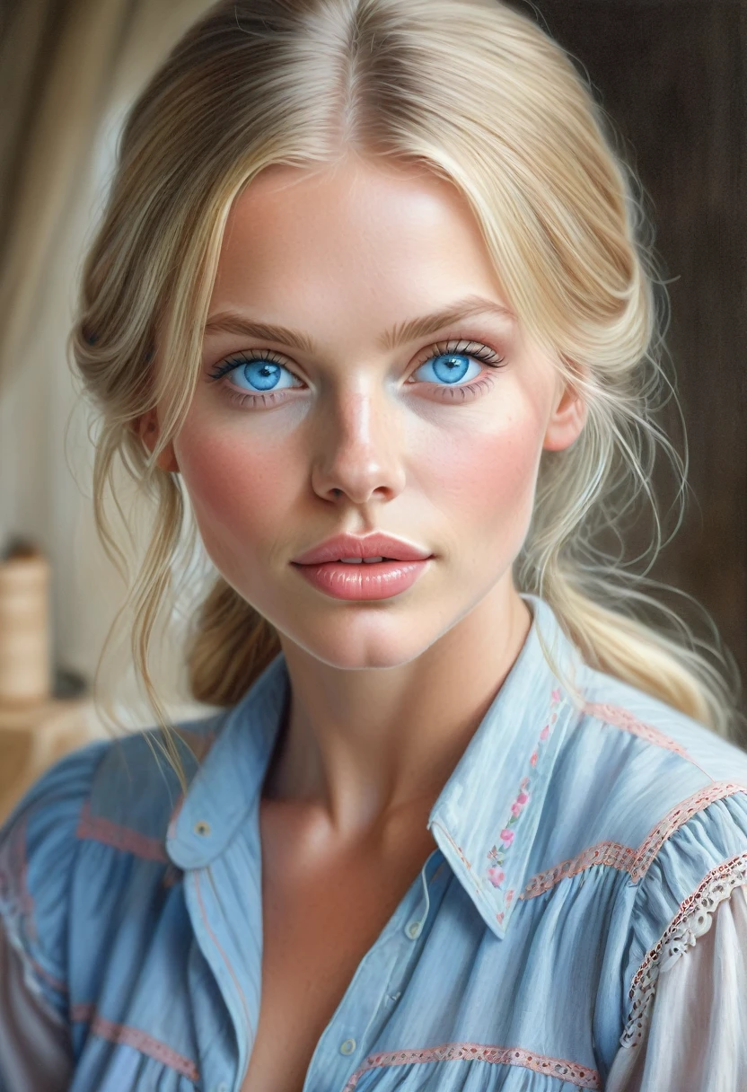 A colored pencil sketch of a beautiful swedish farm wife. crystal blue eyes. rosy complexion. full lips.
