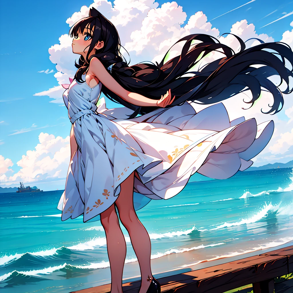 1 girl,kawaii,Detailed face, blue clear eyes ,looking at the audience,focus,masterpiece,best quality, high resolution,8k,complex,elegant,Very detailed,Dynamic lightingBREAKLong hair flows elegantly in the gentle sea breeze,The fading sunlight casts warmth, The ethereal light in the scene. She wears a flowing, Light-colored dress that flutters in the wind. Waves in the background gently kiss the shore, There is a sense of tranquility in the air, The overall atmosphere should evoke a sense of serenity and beauty，Da mais alta qualidade, Obra-prima, alta resolução,