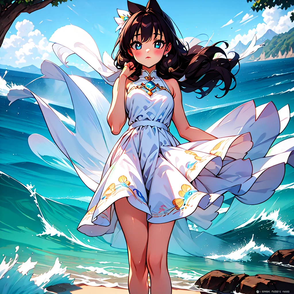 1 girl,kawaii,Detailed face, blue clear eyes ,looking at the audience,focus,masterpiece,best quality, high resolution,8k,complex,elegant,Very detailed,Dynamic lightingBREAKLong hair flows elegantly in the gentle sea breeze,The fading sunlight casts warmth, The ethereal light in the scene. She wears a flowing, Light-colored dress that flutters in the wind. Waves in the background gently kiss the shore, There is a sense of tranquility in the air, The overall atmosphere should evoke a sense of serenity and beauty，Da mais alta qualidade, Obra-prima, alta resolução,