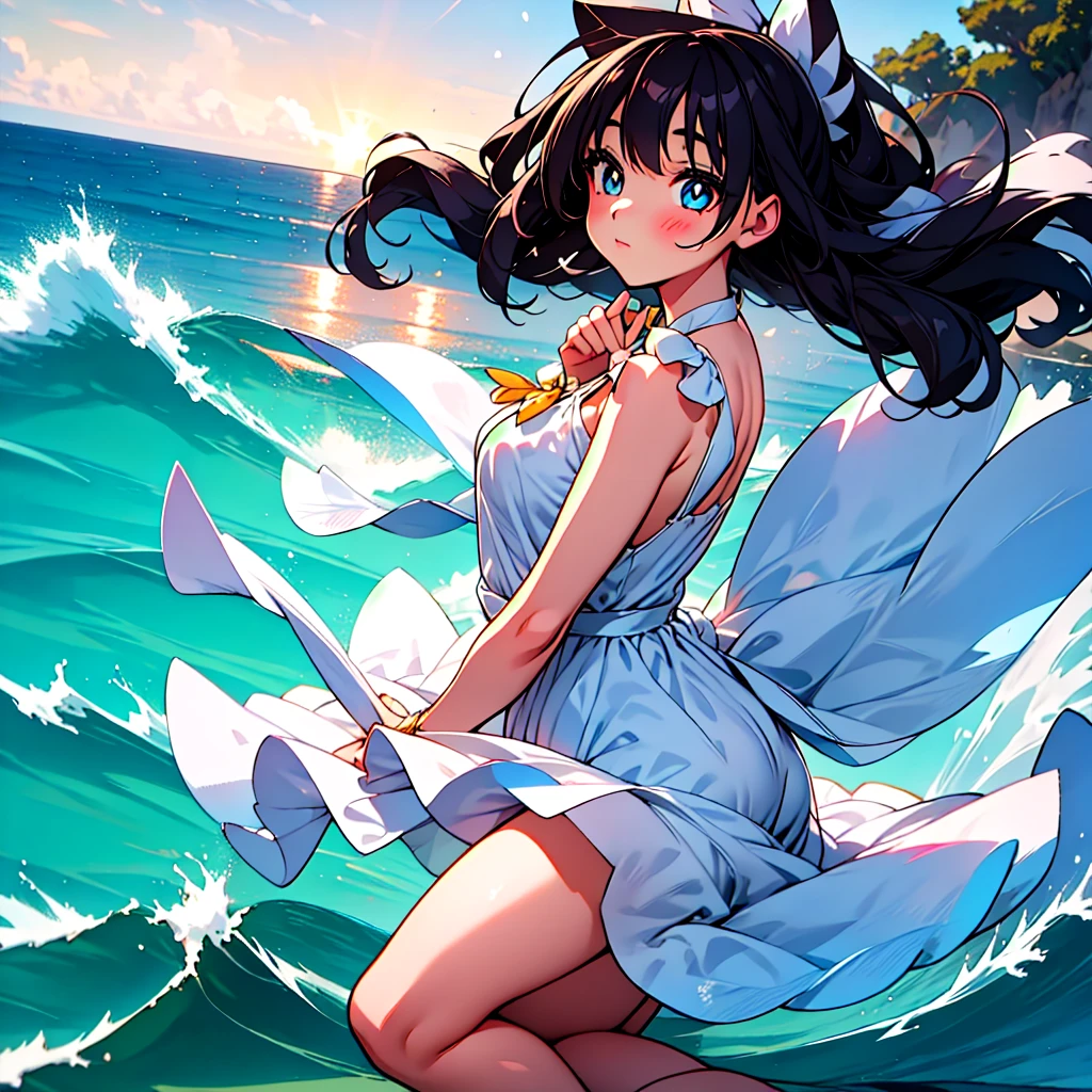 1 girl,kawaii,Detailed face, blue clear eyes ,looking at the audience,focus,masterpiece,best quality, high resolution,8k,complex,elegant,Very detailed,Dynamic lightingBREAKLong hair flows elegantly in the gentle sea breeze,The fading sunlight casts warmth, The ethereal light in the scene. She wears a flowing, Light-colored dress that flutters in the wind. Waves in the background gently kiss the shore, There is a sense of tranquility in the air, The overall atmosphere should evoke a sense of serenity and beauty，Da mais alta qualidade, Obra-prima, alta resolução,