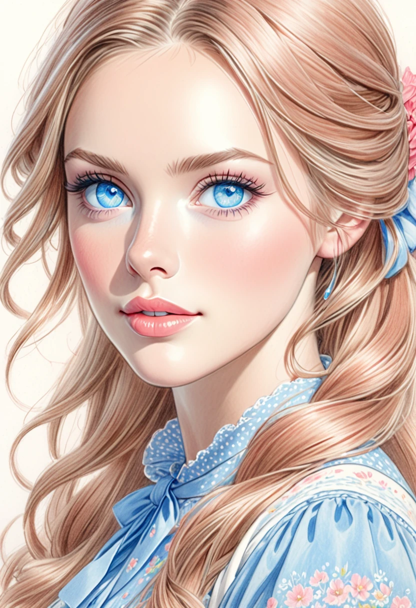 A colored pencil sketch of a beautiful swedish farm wife. crystal blue eyes. rosy complexion. full lips.