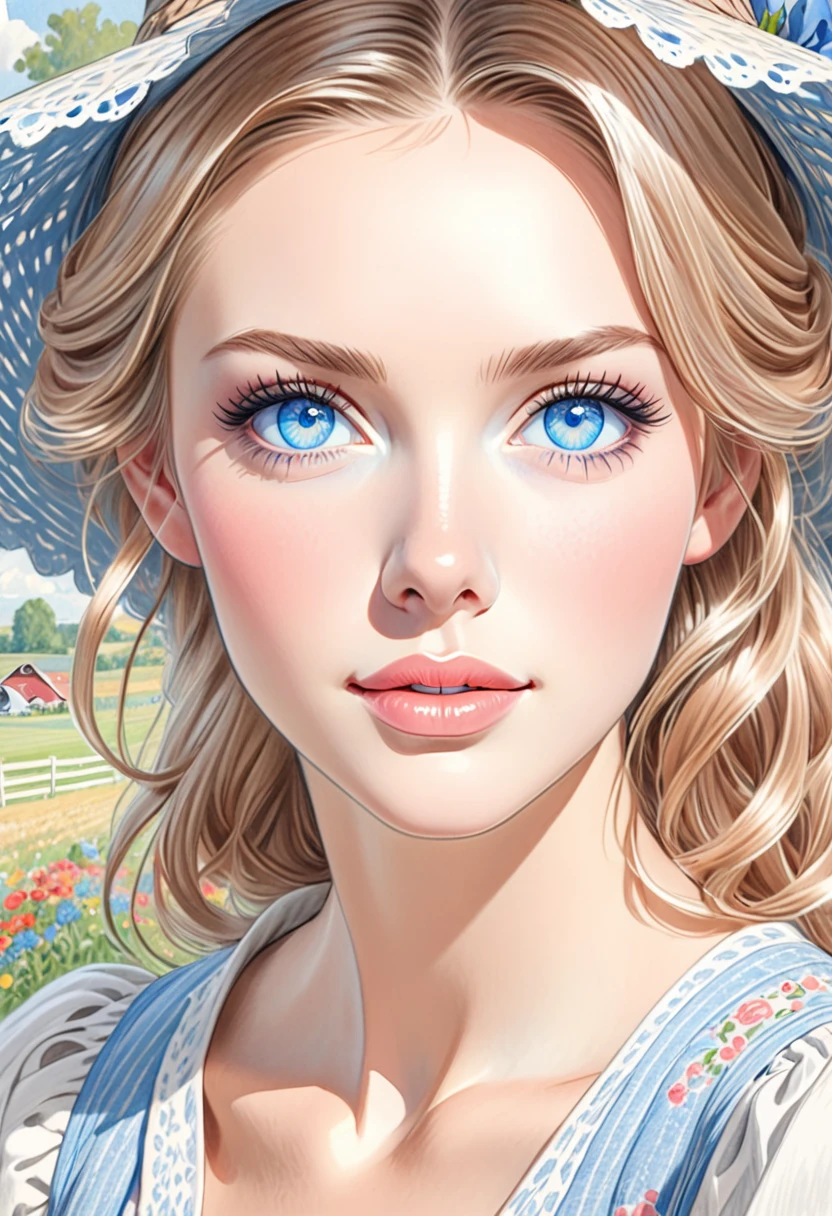 A colored pencil sketch of a beautiful swedish farm wife. crystal blue eyes. rosy complexion. full lips.
