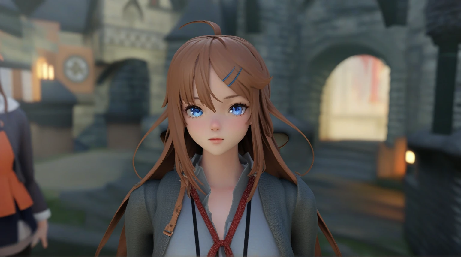 anime girl with long brown hair and blue eyes standing in front of a castle, anime styled 3d, realistic anime 3 d style, anime stylized, render of a cute 3d anime girl, 3 d anime realistic, close up of a young anime girl, made with anime painter studio, stylized anime, anime style. 8k, 3d anime girl