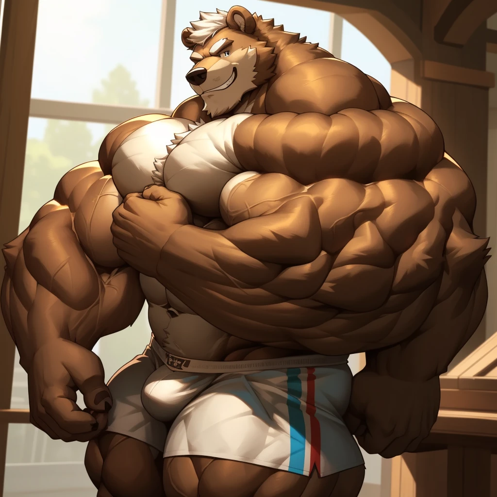 solo, 1boy, perfect anatomy, perfect proportion, grin, big eyes, wide chest, bulky, bulk, bulge, flattery. Huge Muscular Old grizzly bear with short hair standing ,(white shorts), view from side, pectoral, thick arms, huge pectoral, wide pectoral, white hair, white beards, huge brown fur, masterpiece, semirealistic:1.2, high detailed, 8k, high resolution, perfect center, full view. ((really big muscle, massive muscular, sixpack, thick arms, hairy paws, huge brown fur, wide pectoral, super huge muscle, hyper muscular, over sized muscle, huge arms, big arms, huge pectoral))