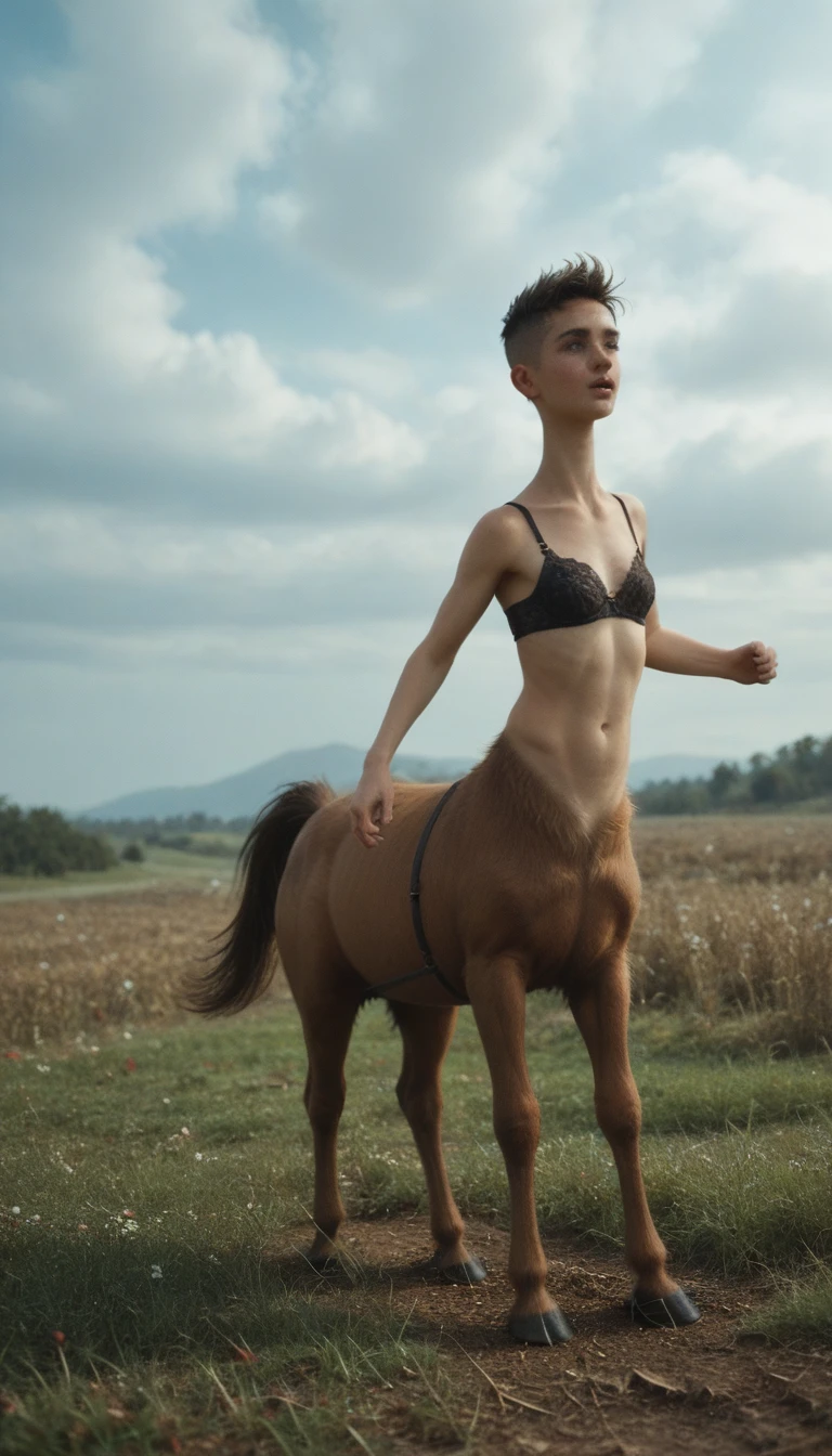 (zPDXL2), score_9, score_8_up, score_7_up, source_anime, 2D,
A young androgynous female centaur. Fantasy setting. Very short hair. Short manly haircut. Dark-brown hair with a undercut. Very pale skin with freckles and liverspots. Round soft face. Round soft chin. Round soft cheeks. Curved lips. Long wide nose. Dark brown eyecolour. Upturned eyes. Very thin barely visible eyebrows. Long neck. Slim. . Centaur under body. Brown fur. Running. Looking happy. Tomboyish. Wearing a black medieval fantasy bra. In An open field. Its winter but the sun is shining. Blue sky.
AissistXLv2, unaestheticXL_bp5, SimplePositiveXLv2, zPDXL2 PonyXLV6_Scores