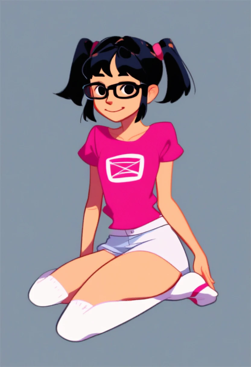 ashley, 1girl, solo, full body, black glasses, black hair, pigtails, pink shirt, short sleeves, white socks, pink mary janes, black eyes, simple background, amanditas4_style