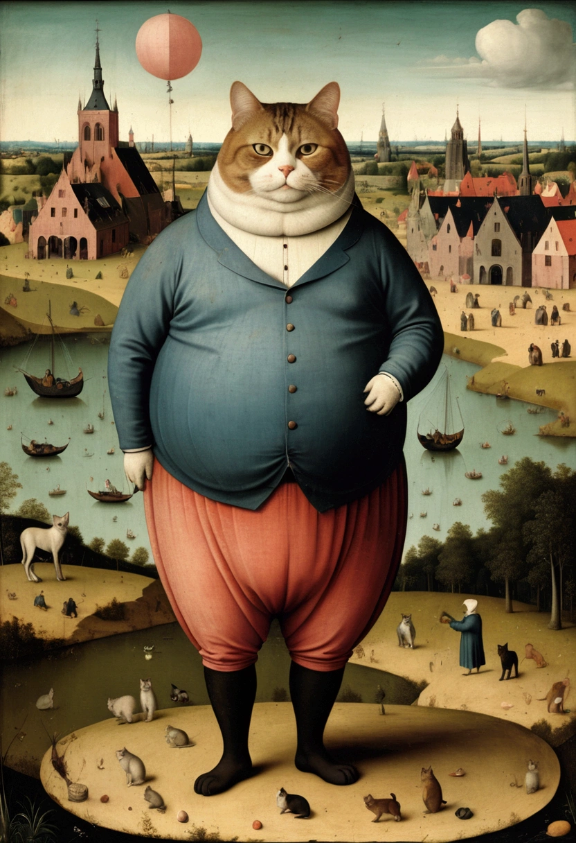 Giant fat Cat, full body, outdoor, by Dan Matutina, cinematic still, (best quality, masterpiece), very aesthetic, perfect composition, intricate details, ultra-detailed, vivid colors