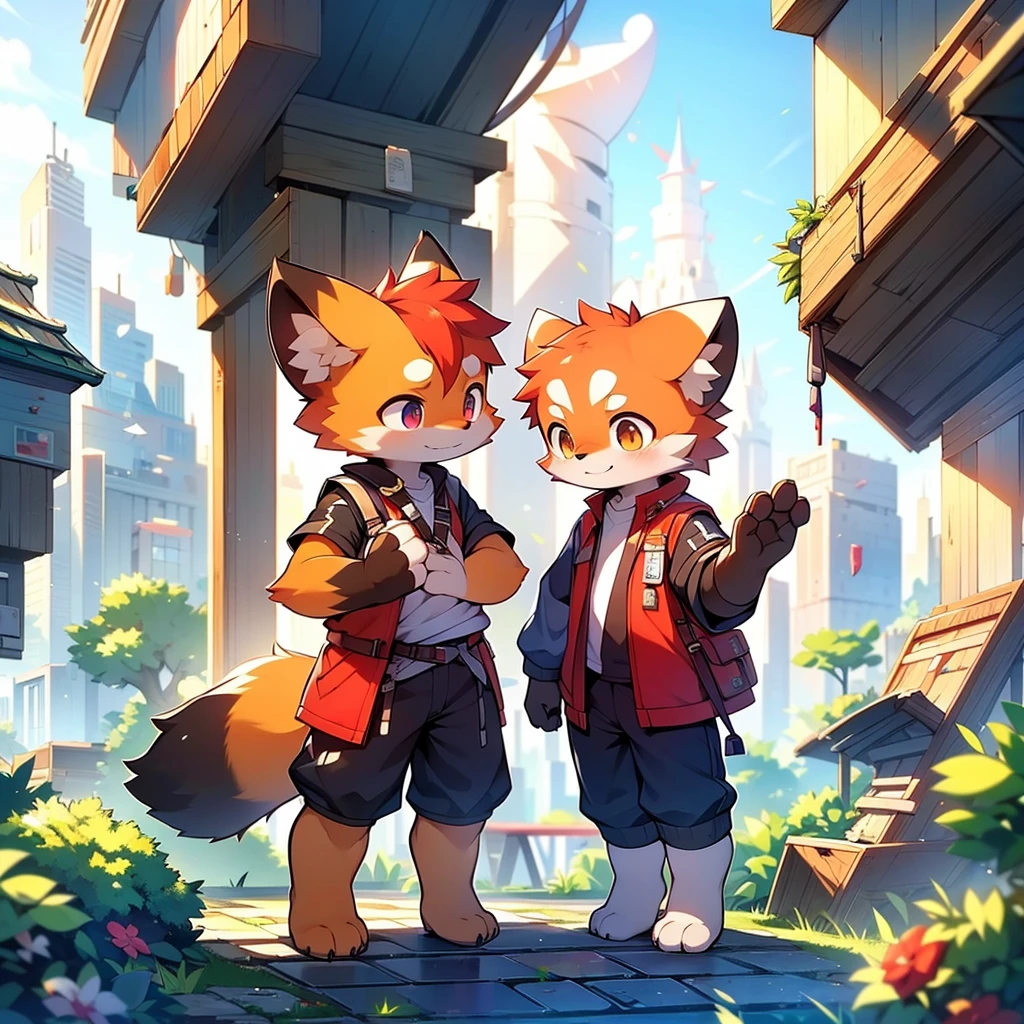 Red Panda Boy,8k resolution,Furry, Uniform attire,Red collar,feetは二つ,feetで立つ! towering,lanky,lanky,:slim body,:tall hands,feet,It's bright outside,Collapsed City,building,broken,・split arms,・bad anatomy,・bad body,ベランダから見えたCollapsed City