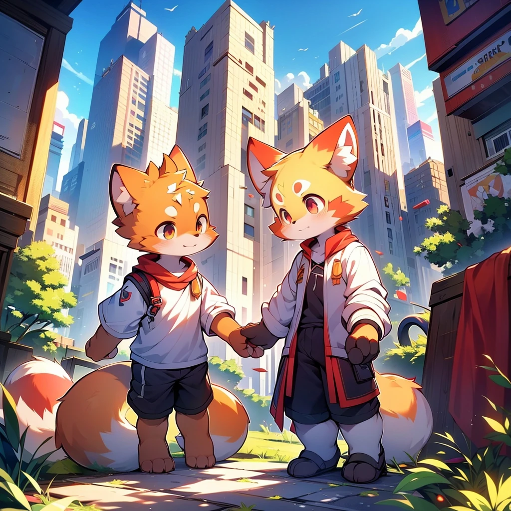 Red Panda Boy,8k resolution,Furry,          Uniform attire,Red collar,feetは二つ,feetで立つ！                   towering,lanky,lanky,：slim body,：tall hands,feet,It's bright outside,Collapsed City,building,broken,・split arms,・bad anatomy,・bad body,ベランダから見えたCollapsed City