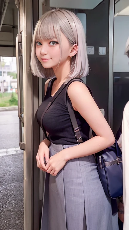 Female college student、Commuting to school、Tight mini skirt with slit、Sleeveless tank top、Inside the train、Look at your smartphone、Are standing、1 girl、Bob Hair、Silver Hair、Medium breast、Smile and stare、Highest quality、masterpiece:1.3、Raw photo、Carry your bag diagonally across your shoulder、Paisura:1.3、I can see your belly button