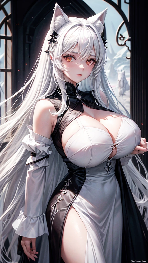 Queen white wolf woman, wearing a black queen dress with bows, has long, messy white hair, has red-orange eyes, has a big breast, has long big wolf ears and big long wolf tail, wears a queen's crown.