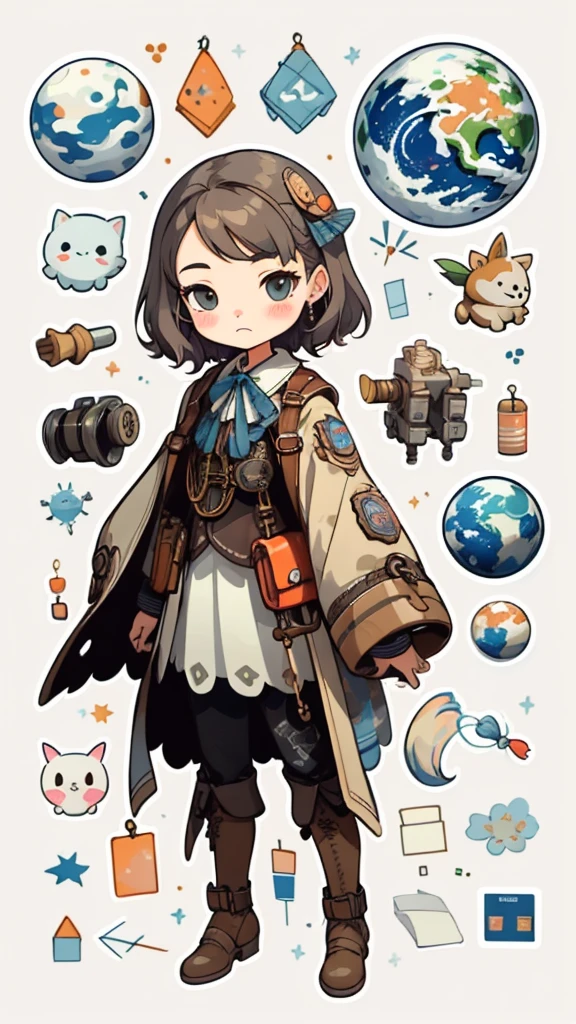 1 sticker, handbook, (2d sticker, paperdoll, 1 girl, western steampunk paper clothes), watercolor, white background, simple background, minimal, cute, tiny, earth colors, pastel color, vector style, no gradient,
