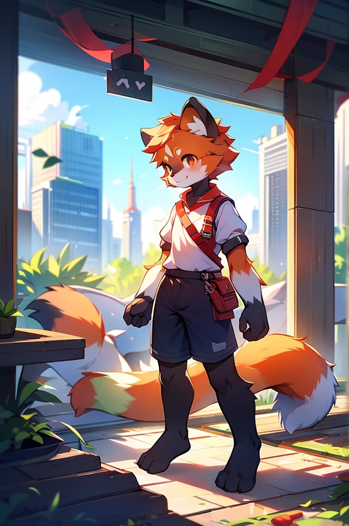 Red Panda Boy,8k resolution,Furry, Uniform attire,Red collar,feetは二つ,feetで立つ! towering,lanky,lanky,:slim body,:tall hands,feet,It's bright outside,Collapsed City,building,broken,・split arms,・bad anatomy,・bad body,Skyscrapers seen from the balcony