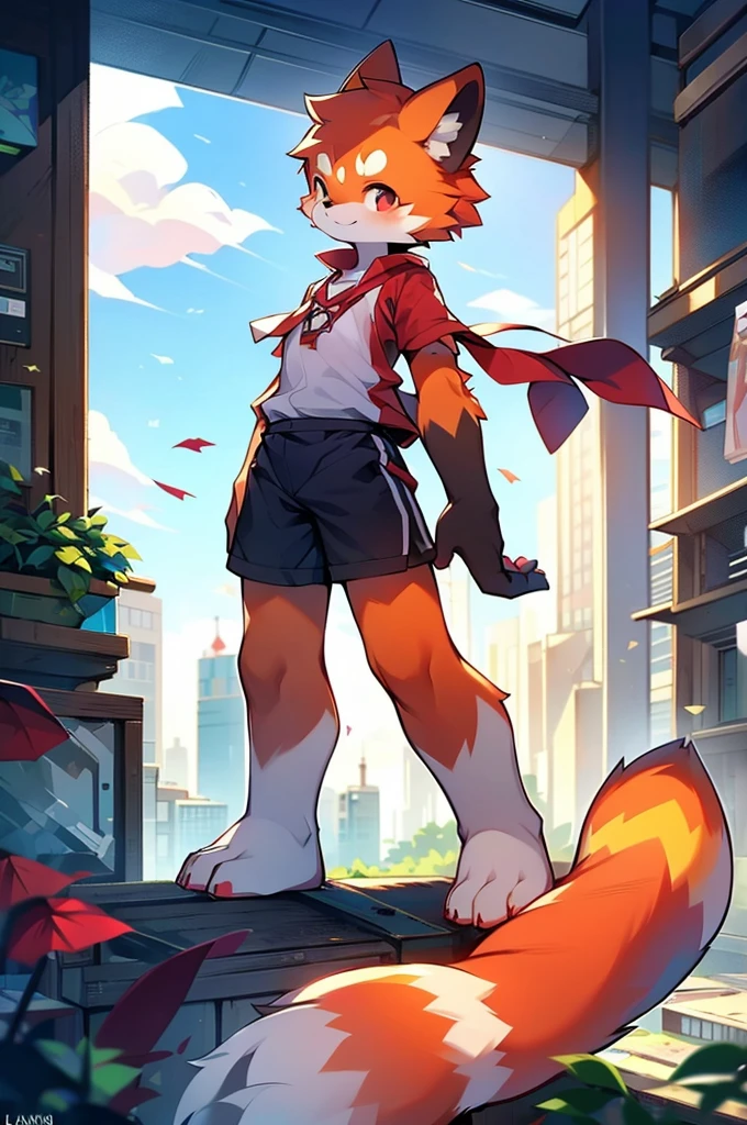 Red Panda Boy,8k resolution,Furry, Uniform attire,Red collar,feetは二つ,feetで立つ! towering,lanky,lanky,:slim body,:tall hands,feet,It's bright outside,Collapsed City,building,broken,・split arms,・bad anatomy,・bad body,Skyscrapers seen from the balcony