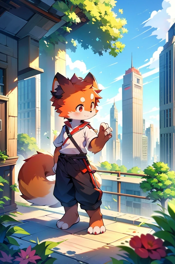 Red Panda Boy,8k resolution,Furry, Uniform attire,Red collar,feetは二つ,feetで立つ! towering,lanky,lanky,:slim body,:tall hands,feet,It's bright outside,Collapsed City,building,broken,・split arms,・bad anatomy,・bad body,Skyscrapers seen from the balcony