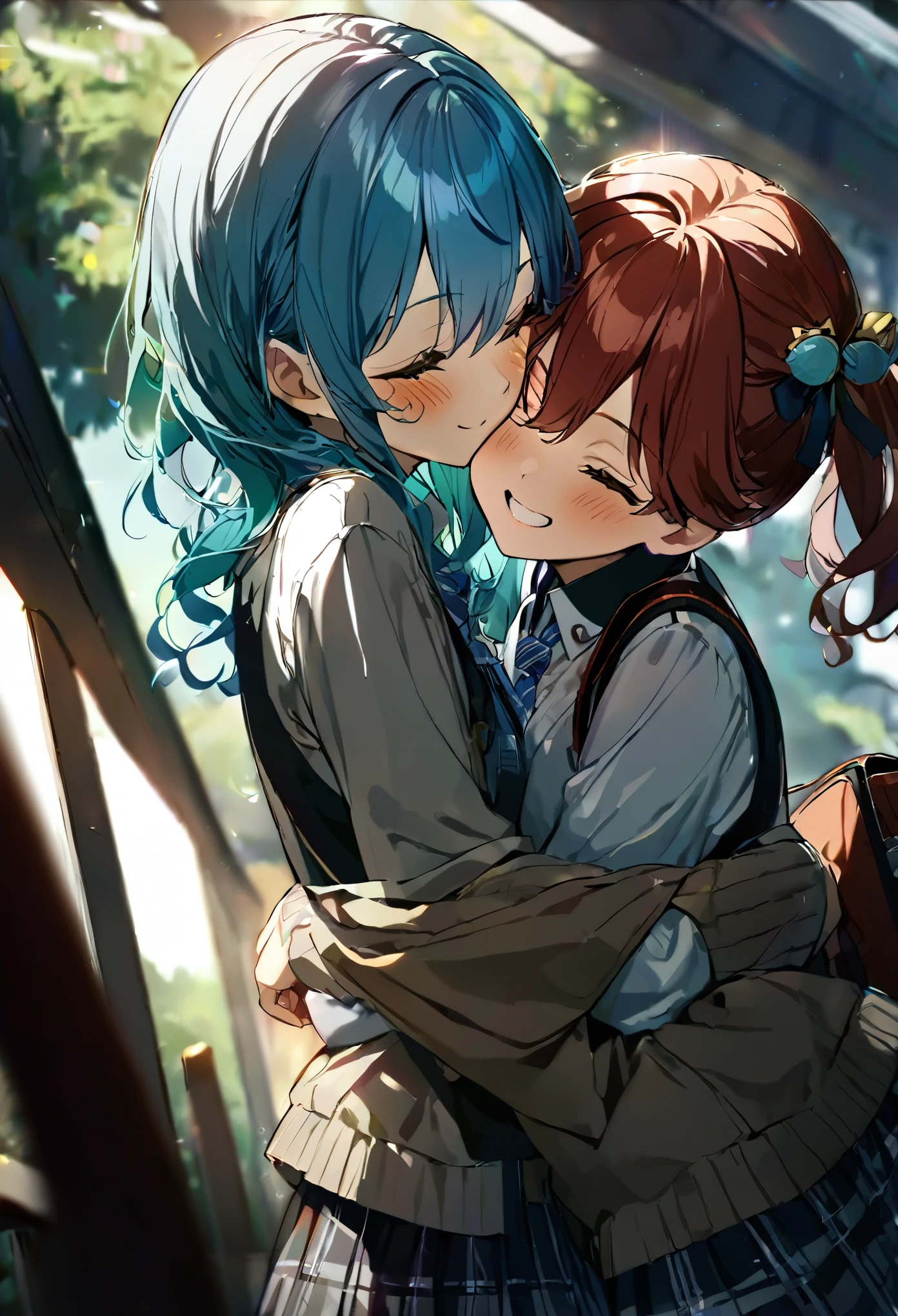 (((2girls))), together, two people, masterpiece, best quality, integrated scenery, integrated background, extremely delicate and beautiful, meticulous details, good composition, closed_eyes, cute face, perfect face, perfect hands, fingernails, sakura miko, SakuraMiko, HoshimachiSuisei, hoshimachi suisei, blurry background, sunlight, light blush, ((school)), upper body, looking each other, smile, , (hugging each other),in_school,sunlight,kissing,happiness,