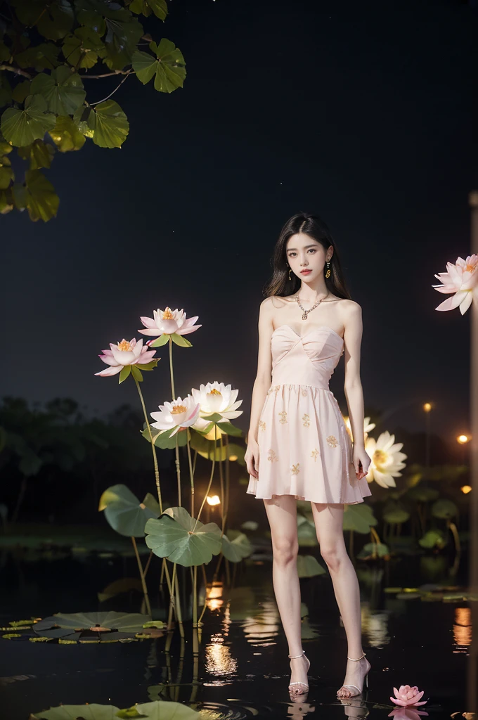 (((best quality))),(((ultra detailed))),(((masterpiece))),illustration,((1 beautiful young girl,solo)),((slim,thin)),(shoulder length straight hair:1.2),((earrings,necklace)),((small breasts,flat chest)),(pink lotus dress:1.3),((slender legs,high heels)),(beside the lotus pond full of lotus flowers:1.3), serene moonlight, ethereal,floral pattern, water movement, billowing fabric, tranquil,petals, fireflies, magical warm light, dreams, invitation, (standing:1.3),(arms behind back:1.3),gazing, inner thoughts, emotional, sweet scent, natural beauty, solitude, hypnotic lull, eternal summer,(night scene:1.3), natural world, human spirit, celebration, backdrop, glow,(from front:1.5),(full body:1.2)