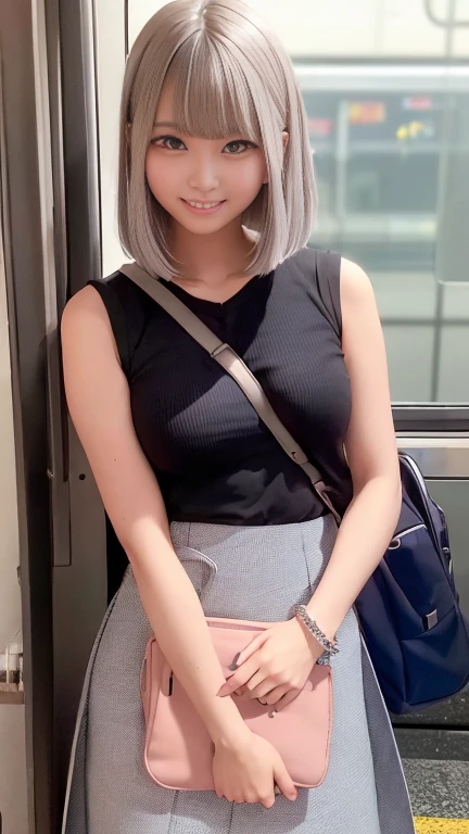 Female college student、Commuting to school、Tight mini skirt with slit、Sleeveless tank top、Inside the train、Look at your smartphone、Are standing、1 girl、Bob Hair、Silver Hair、Medium breast、Smile and stare、Highest quality、masterpiece:1.3、Raw photo、Carry your bag diagonally across your shoulder、Paisura:1.3、I can see your belly button