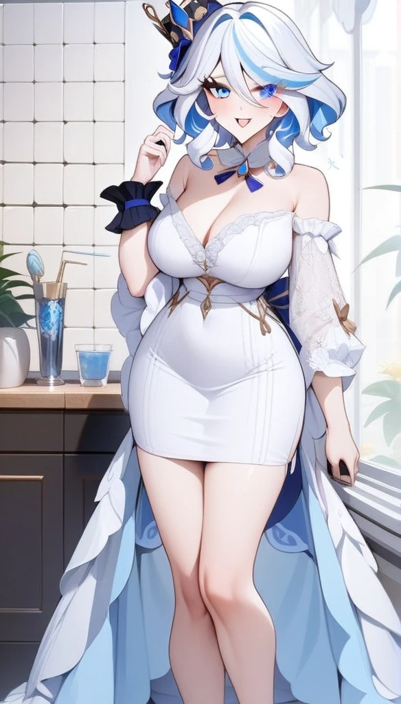 masterpiece, Highest quality, so beautiful, Absurd, One girl, mature_Lady, whole body, Furina(Genshin Impact), Heterochromia iridis,bule hair,blue eyes,,piece、Wink