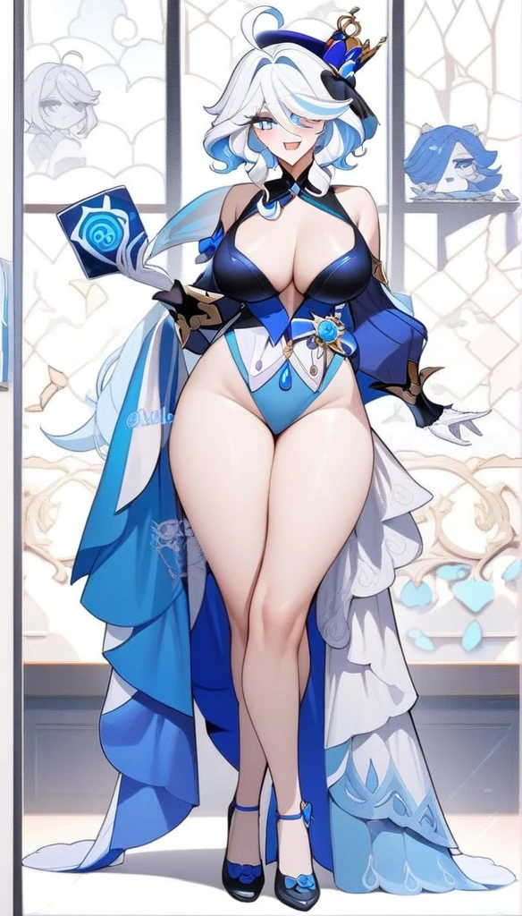 masterpiece, Highest quality, so beautiful, Absurd, One girl, mature_Lady, whole body, Furina(Genshin Impact), Heterochromia iridis,bule hair,blue eyes,,piece、Wink