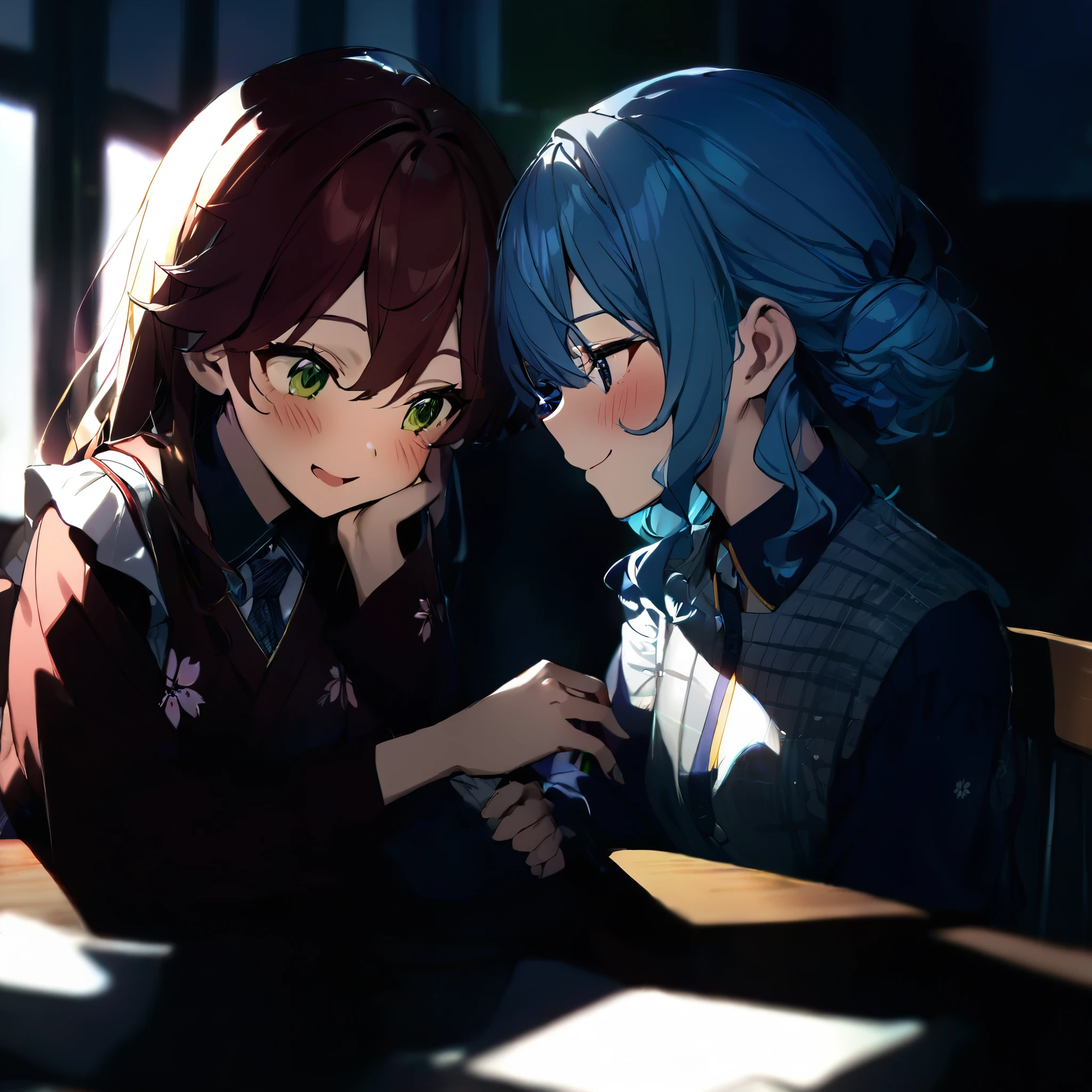 (((2girls))), together, two people, masterpiece, best quality, integrated scenery, integrated background, extremely delicate and beautiful, meticulous details, good composition, glowing eyes, beautiful eyes, cute face, perfect face, perfect hands, fingernails, sakura miko, SakuraMiko, HoshimachiSuisei, hoshimachi suisei, blurry background, sunlight, light blush, ((school)), upper body, looking each other, smile, sitting on chair, , (talking each other),in_school