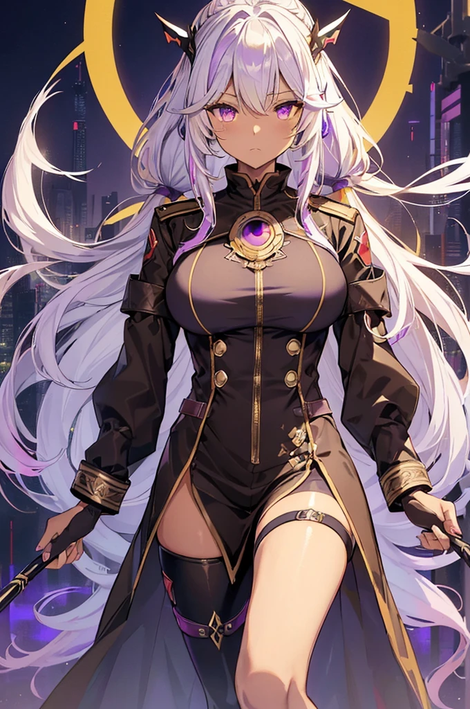 ((Prinz Eugen))、(Yae Miko)、
((Right eye is yellow、Purple left eye:1.5))、(White Hair)、
((Highest quality))、((Highly refined))、((Super detailed))、
((Sparkling Eyes))、((Ultra-high resolution))、((Ultra HD))、
masterpiece、Detailed hands、
One woman、Only one person、solo、
(uniform:1.5)、(Long coat)、
(Sleeves of priestess clothes)、Cyberpunk clothing、
((SWAT))、((With a giant scythe))、
(Brown skin:1.5)、(Tan Skin:1.5)、
Ahoge、messy hair、Super long hair、
ponytail、
Saggy breasts、Long Breasts、Big Breasts、
View the model from the front、