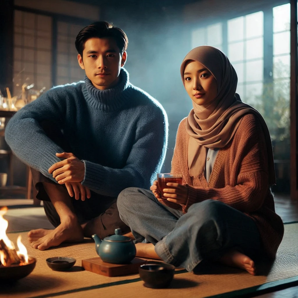 full body, cinematic portrait of an Asian man with short slick-back hair and an Asian girl wearing hijab, round face, sitting on a mat in a room with a fire, seen enjoying a glass of tea with a small table in front, blue sweater, dreamy atmosphere and drama, composition beautiful lighting, japanese house, morning light, floating in a strong zen state, flat gaze looking at the camera