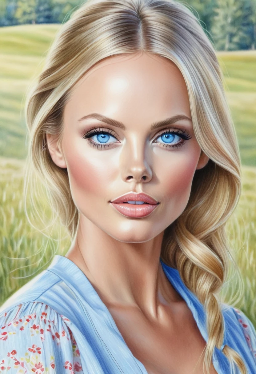 A colored pencil sketch of a beautiful swedish farm wife. crystal blue eyes. rosy complexion. full lips. Laura Vandervoort