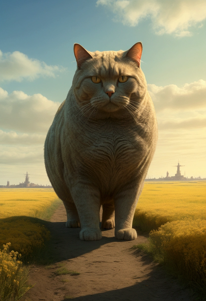 Giant fat Cat, full body, outdoor, by Dan Matutina, cinematic still, (best quality, masterpiece), very aesthetic, perfect composition, intricate details, ultra-detailed, vivid colors