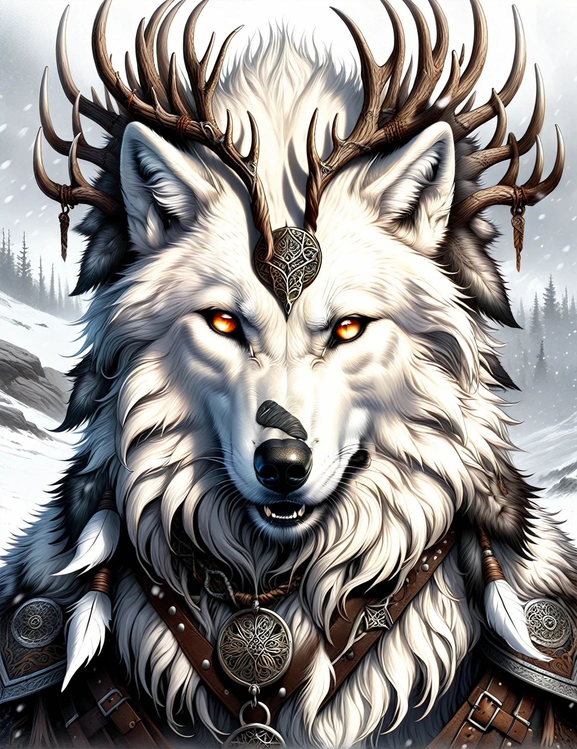 AntlerStyle, A powerful white wolf, angry expression, wearing an ornate leather collar, detailed eyes, its eyes ablaze, nostrils flaring, mouth open, close-up, charges towards the viewer through a blizzard-filled landscape, fur whipped by the wind as it runs, creating an impressive display of snow flying around its fury form, highly detailed eyes, style of Wlop and Greg Rutkowski and Guweiz,