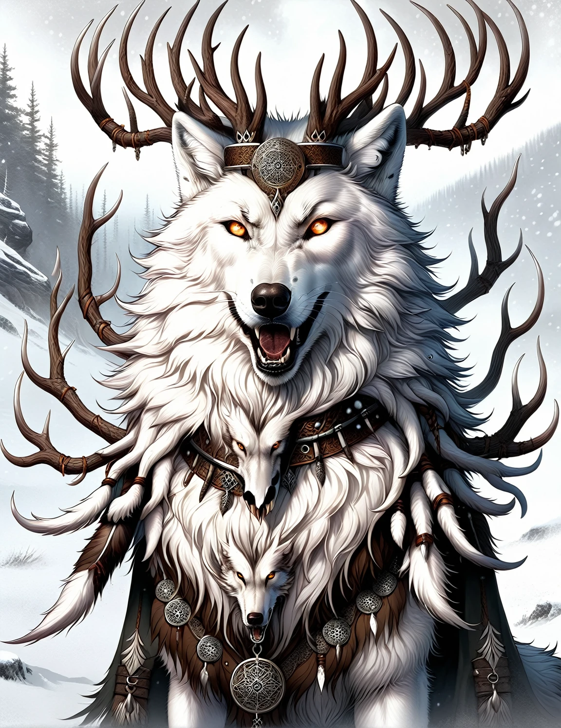 AntlerStyle, A powerful white wolf, angry expression, wearing an ornate leather collar, detailed eyes, its eyes ablaze, nostrils flaring, mouth open, close-up, charges towards the viewer through a blizzard-filled landscape, fur whipped by the wind as it runs, creating an impressive display of snow flying around its fury form, highly detailed eyes, style of Wlop and Greg Rutkowski and Guweiz,