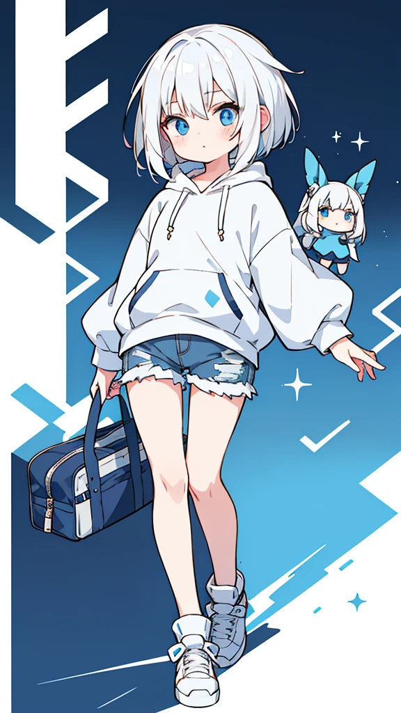 White hair, Blue eyes, girl, bob, front, whole body,White hoodie, Gray shorts,White and blue shoes,(((Anime style))),cute,Tokyo