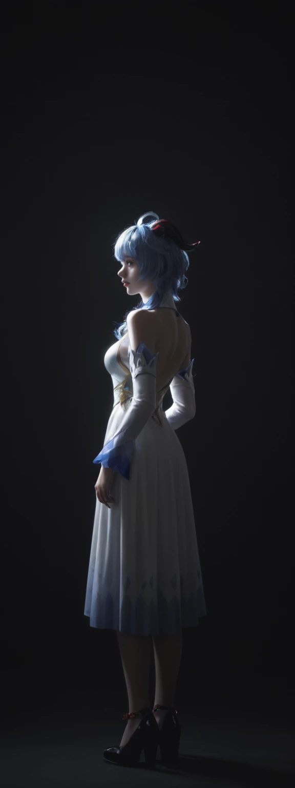cinematic film, Realistic photograph,realistic, score_9, score_8_up, score_7_up, score_6_up,
 1girl, solo, from front, full body, Ganyu  \(genshin impact\), black background, makeup, sidelighting, backlighting, glowing, 