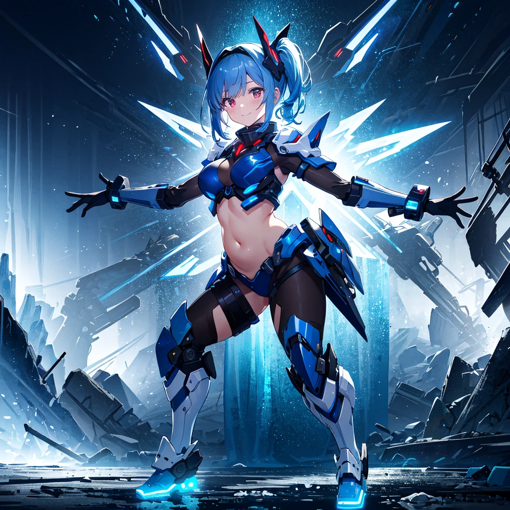 best quality, ultra detailed 8k cg render,,masterpiece, high resolution, extremely detailed,official art,science fiction, ice background,ice,(very wide shot),light and shadow,dynamic lighting,1 girl,solo,full body,attractive face ,(dancing:1.2),spread arms,looking at looking at viewer,smile,blue hair,side ponytail,black hairred eyes, long eyelashes,red eyes,straight eyeliner,tiny girl,see-through dress, glowing, glow white,mecha musume, headgear,(highly detailed full blue armor),a heavy mech with massive and strong design,((belly button visible, wide skin area)),
