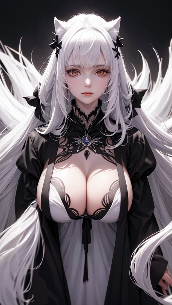 Queen white wolf woman, wearing a black queen dress with bows, has long, messy white hair, has red-orange eyes, has a big breast, has long big wolf ears and big long wolf tail, wears a queen's crown.