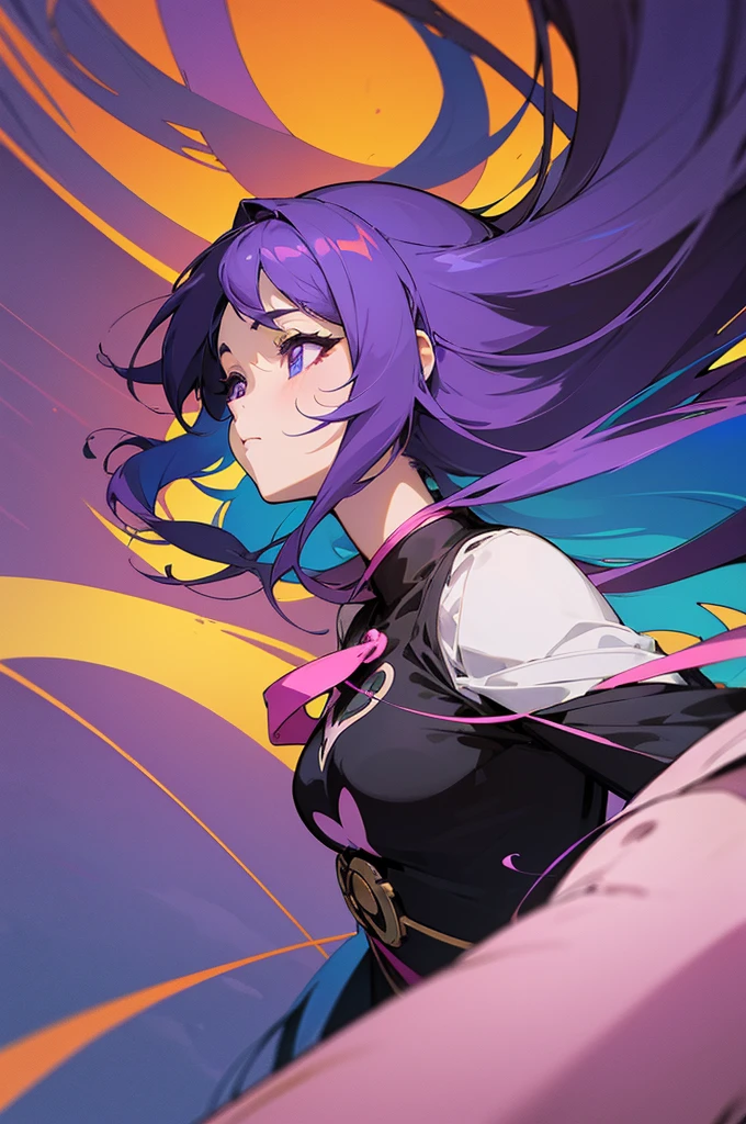 (Anime artwork, Anime Style, Studio Anime, Very detailed, up to date, Vibrant, Anime Coloring, High Contrast, masterpiece:1.2, Highest quality, Best aesthetics) Purple Hair、depression、Eyes of Determination、One Girl、Black clothing、Beautiful breasts、I have long hair、Streaks of Light、calm down