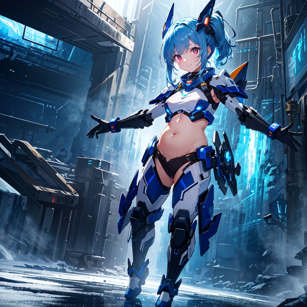 best quality, ultra detailed 8k cg render,,masterpiece, high resolution, extremely detailed,official art,science fiction, ice background,ice,(very wide shot),light and shadow,dynamic lighting,1 girl,solo,full body,attractive face ,(dancing:1.2),spread arms,looking at looking at viewer,smile,blue hair,side ponytail,black hairred eyes, long eyelashes,red eyes,straight eyeliner,tiny girl,see-through dress, glowing, glow white,mecha musume, headgear,(highly detailed full blue armor),a heavy mech with massive and strong design,((belly button visible, wide skin area)),