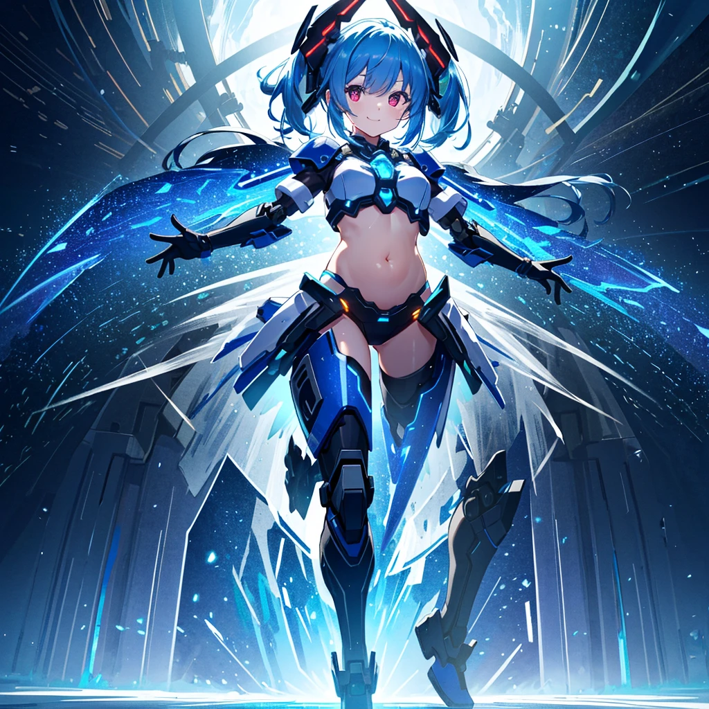 best quality, ultra detailed 8k cg render,,masterpiece, high resolution, extremely detailed,official art,science fiction, ice background,ice,(very wide shot),light and shadow,dynamic lighting,1 girl,solo,full body,attractive face ,(dancing:1.2),spread arms,looking at looking at viewer,smile,blue hair,side ponytail,black hairred eyes, long eyelashes,red eyes,straight eyeliner,tiny girl,see-through dress, glowing, glow white,mecha musume, headgear,(highly detailed full blue armor),a heavy mech with massive and strong design,((belly button visible, wide skin area)),