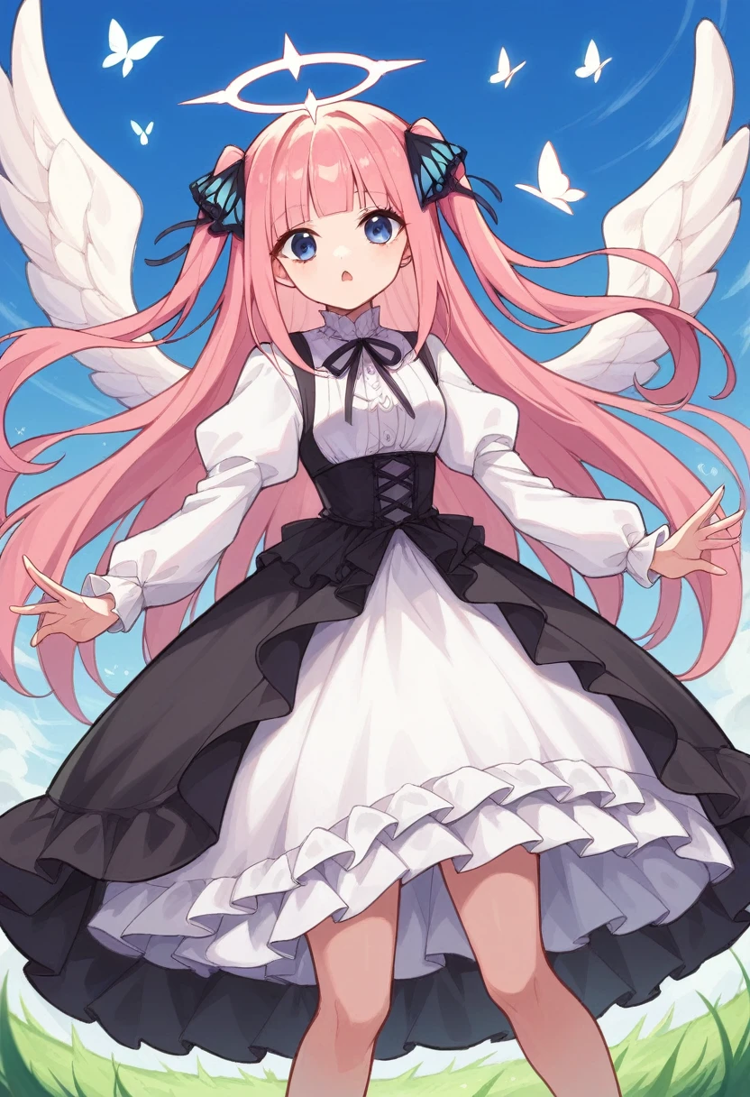 nino nakano,long hair, bangs, blue eyes, hair ornament, hair ribbon, pink hair, blunt bangs, two side up, butterfly hair ornament,long twintails,,Pink and white dress, Victoria Gothic Lolita Fashion, Lolita Style, , rococo dress, lolita fashion, one-piece,dress,petticoat,dynamic pose, angel wings, frills, tighthighs,halo, blue sky, grassy terrance