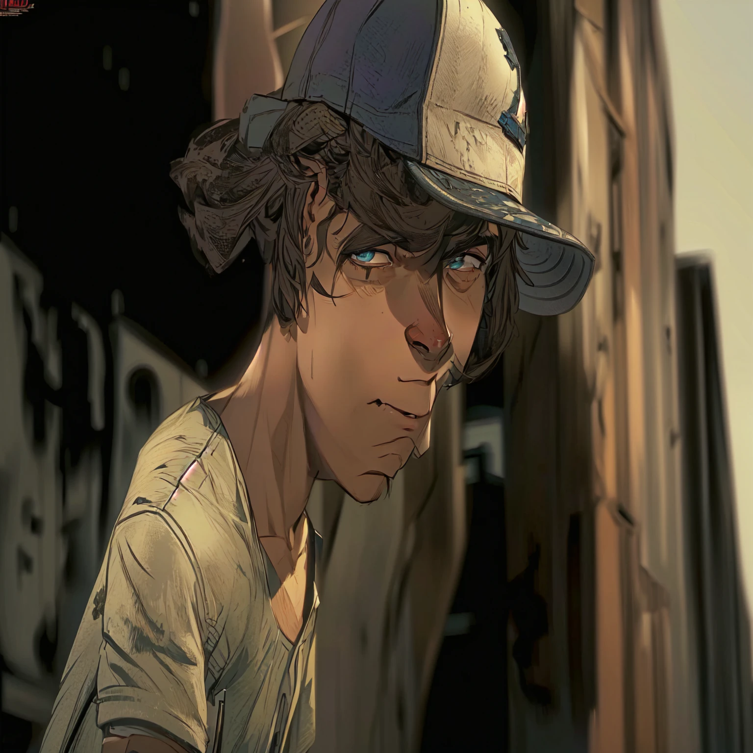 arafed young man in a baseball cap looking down at his cell phone, telltale games style, video game cutscene, telltale style, hd screenshot, super realistic”, ultra realistic ”, ultra realistic”, hd remaster, character close up, uhd character details, wears a destroyed hat, in the walking dead, an ultra realistic, hq artwork, next gen