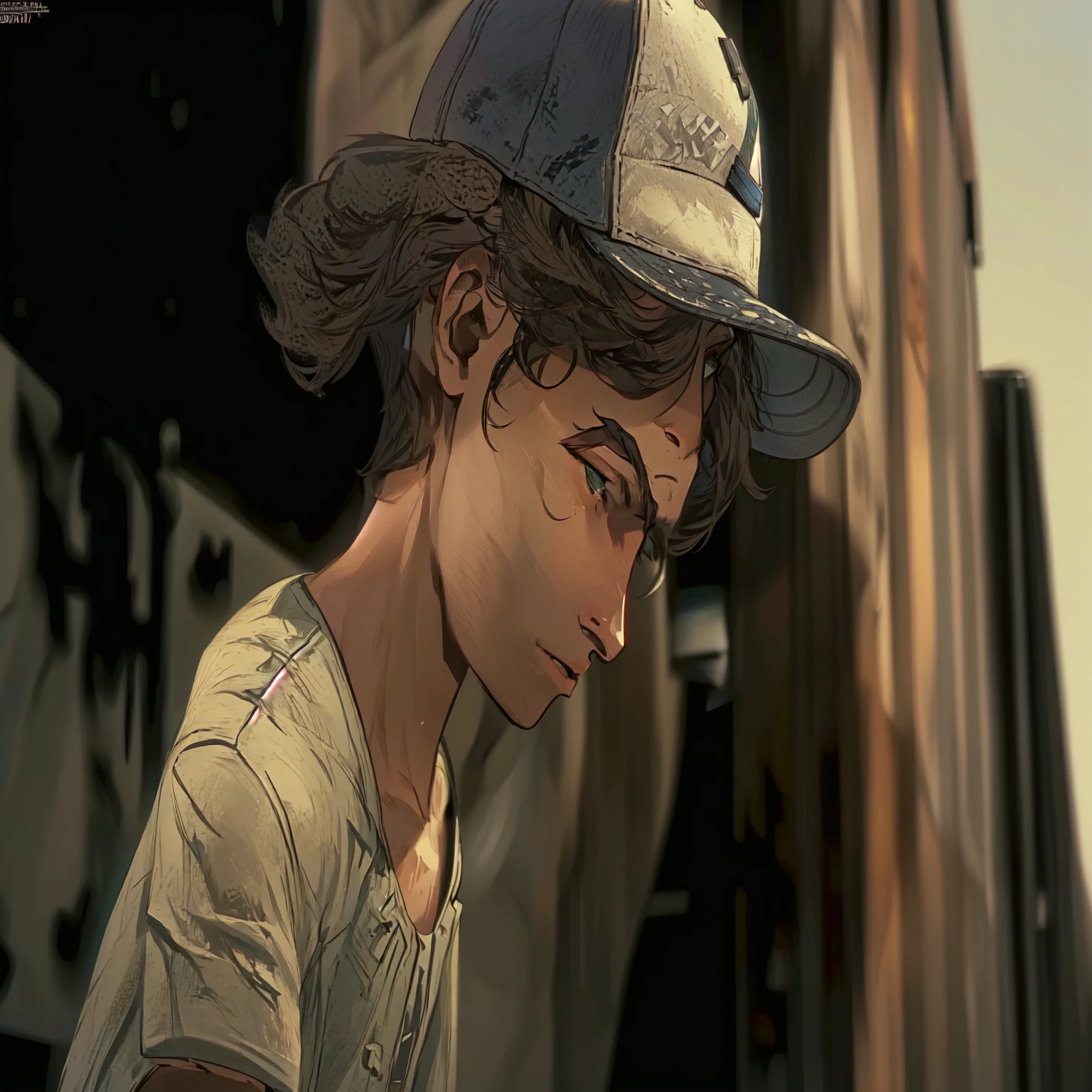 arafed young man in a baseball cap looking down at his cell phone, telltale games style, video game cutscene, telltale style, hd screenshot, super realistic”, ultra realistic ”, ultra realistic”, hd remaster, character close up, uhd character details, wears a destroyed hat, in the walking dead, an ultra realistic, hq artwork, next gen