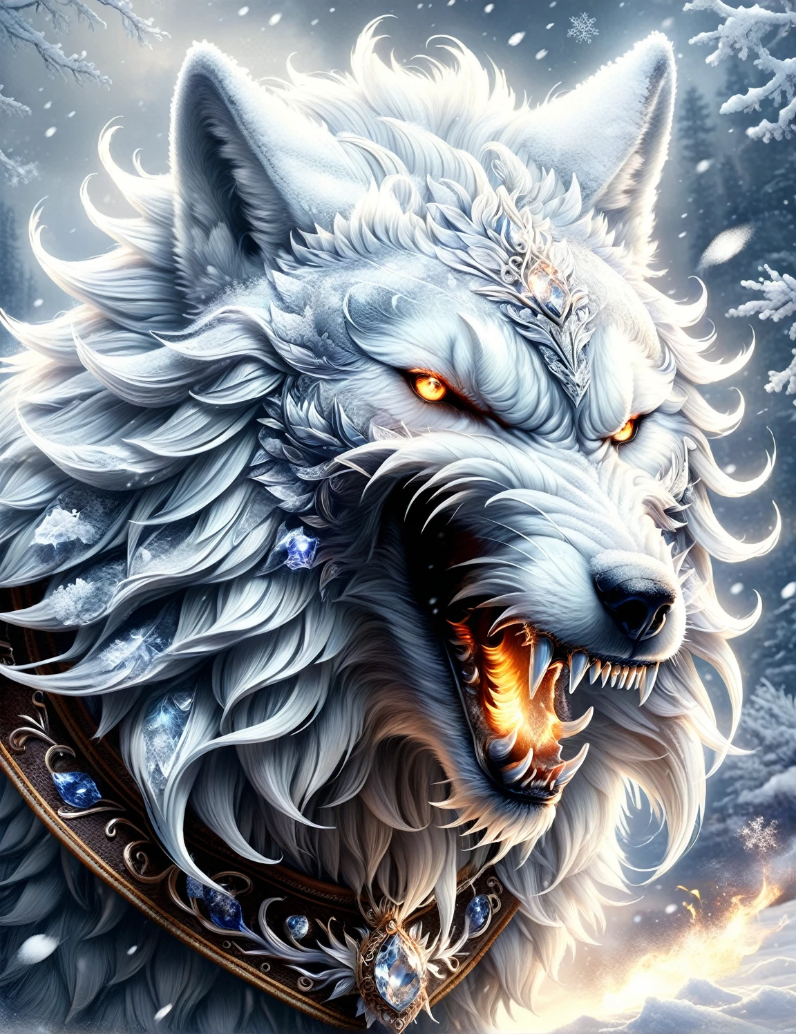 AntlerStyle, A powerful white wolf, angry expression, wearing an ornate leather collar, its eyes ablaze, nostrils flaring, mouth open, close-up, charges towards the viewer through a blizzard-filled landscape, fur whipped by the wind as it runs, creating an impressive display of snow flying around its fury form, highly detailed eyes, style of Wlop and Greg Rutkowski and Guweiz,