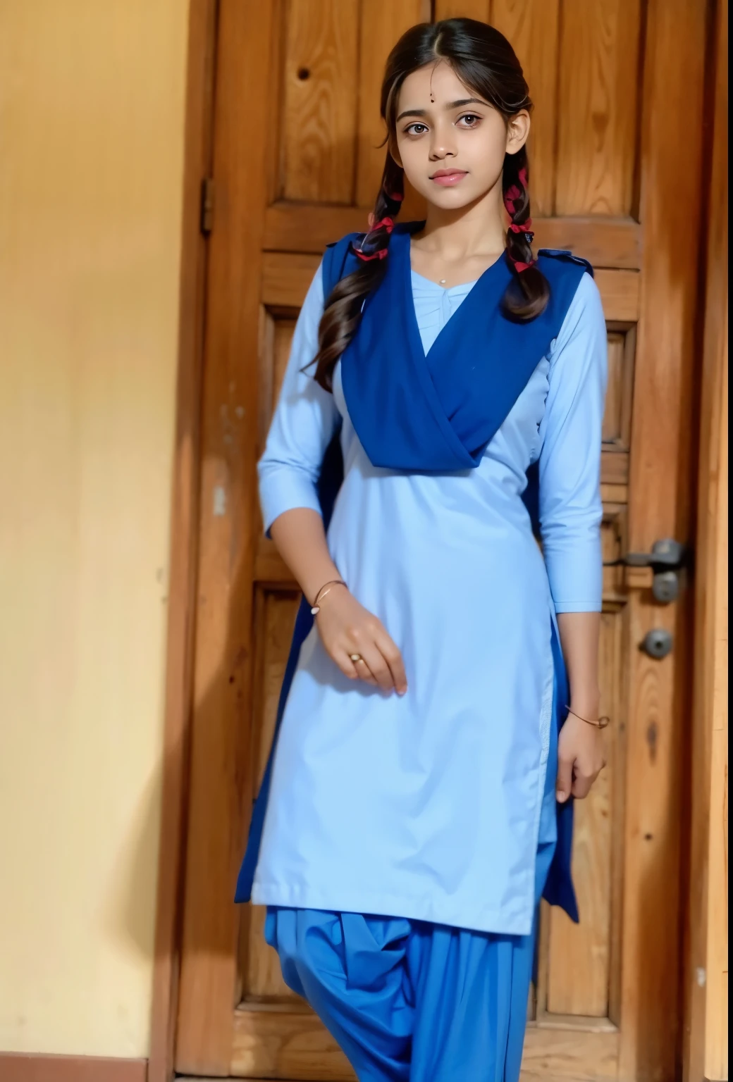 Raw photo , 1 girl  ,Wearing  salwar kameez uniform, teen school girl, professional photographer, (hdr:1.4), masterpiece, ultra-realistic 8k, perfect artwork, intrincate details, cute face, award winning photograph, (Best quality, 8k, 32k, Masterpiece, UHD:1.3) 