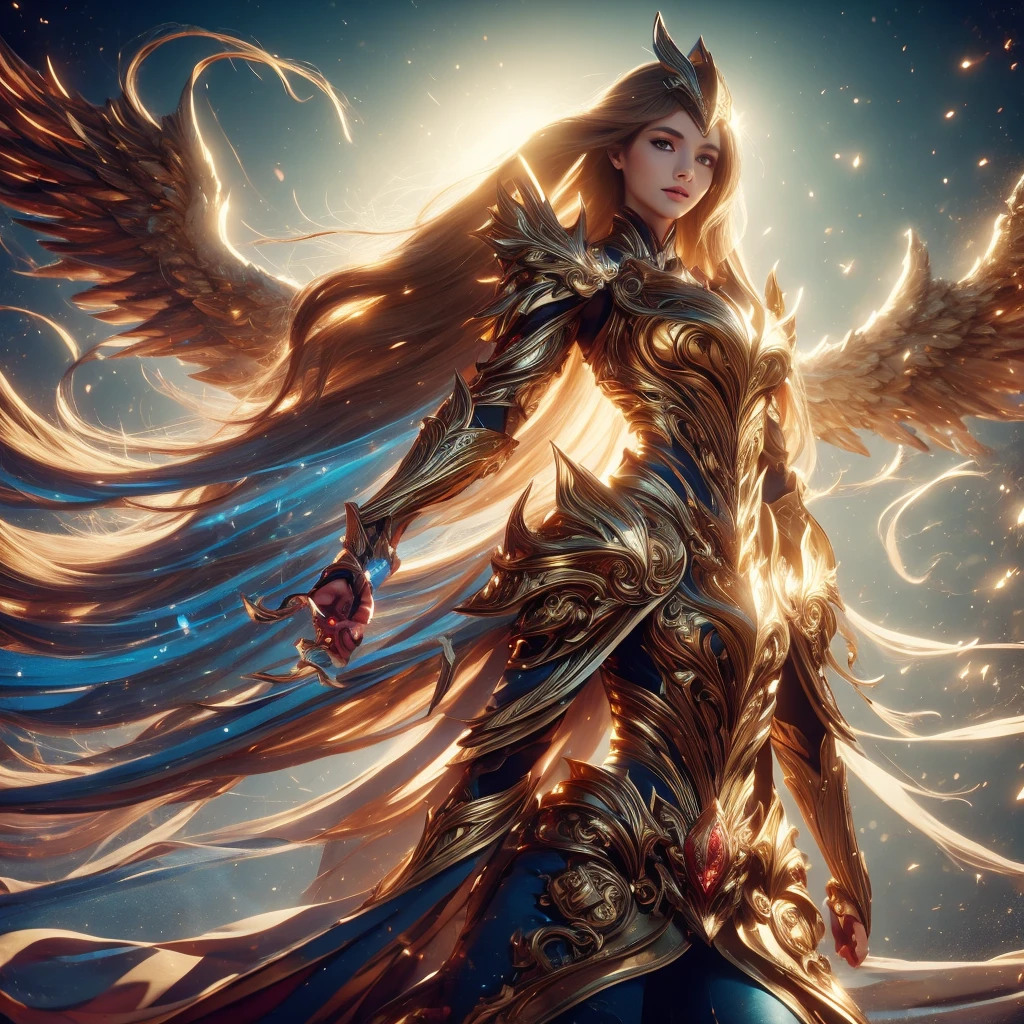 WINGED WOMAN, SAINT WOMAN, HUGE LONG HAIR, BROWN HAIR, HUGE BROWN FEATHERS, GOLD BODY ARMOUR, LONG BLUE BODYSUIT, PALE SKIN, BLUE EYES, LIGHTING EYES, ROSY CHEEKS, MENTAL FORAMEN, ATHLETIC BODY, LUMINOUS BODY AURA, MUSCLES, LIGHTING AURA, GOLD BRACELETS, GOLD GAUNTLETS, BACKLIGHTS, SUN, RIVER, SAINT WOMAN, SIDE BODY VIEW, ANGEL FROM HEAVEN