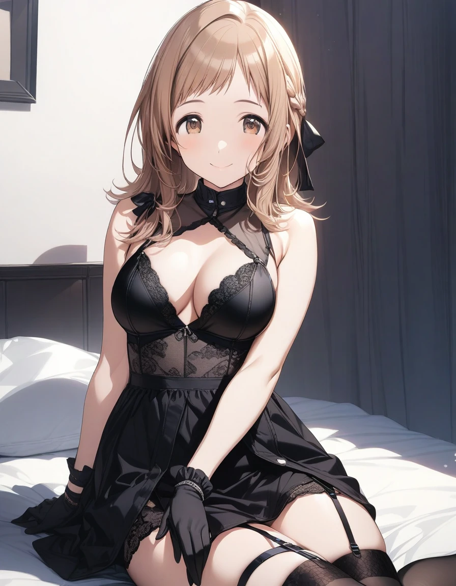 (masterpiece),(best quality),(ultra-detailed),(best illustration),(best shadow),(absurdres),(detailed background),(very aesthetic), 1girl, solo, mano sakuragi, brown eyes, brown hair, medium breasts, smile, hair ribbon, 32k, long hair, hair tie, very long hair, black stockings, black bra, lace trim, black sexy lingerie, sitting on bed,braid, hair over shoulder, black lace long gloves, stay-up stockings, garter belt,