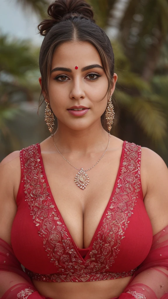 extreme close up photo of sexy indian, big cheeks, curvy, hourglass figure, swooping breasts, deep cleavage, bending over in Cannes film festival, necklace, wearing red very futuristic super fashion model clothes, look at viewer and subtle smile, ponytail, (cinematic:1.3), intricate details, (ArtStation:1.2)