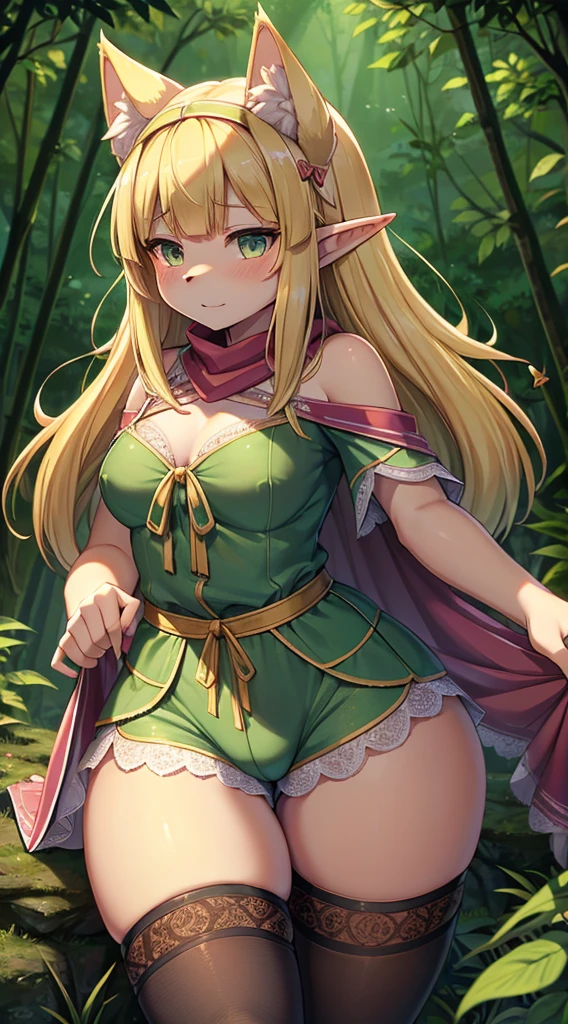 Wolf Girl,Wolf Ear Girl,furry,furry,hairy,Blonde hair all over,furry,白色丝绸Knee socks,Knee socks,蕾丝花边Knee socks,Lace style decoration,Elf style clothing,shorts,蕾丝花边shorts,白色花边shorts,猎人shawl,绿色shawl,shawl,Big Ass,Pseudo-sissy ass,femboy,Green Hunter Costume,Forest Background,Jungle Background,Outdoor Background,Bow and Arrow,Quiver,背着Bow and Arrow