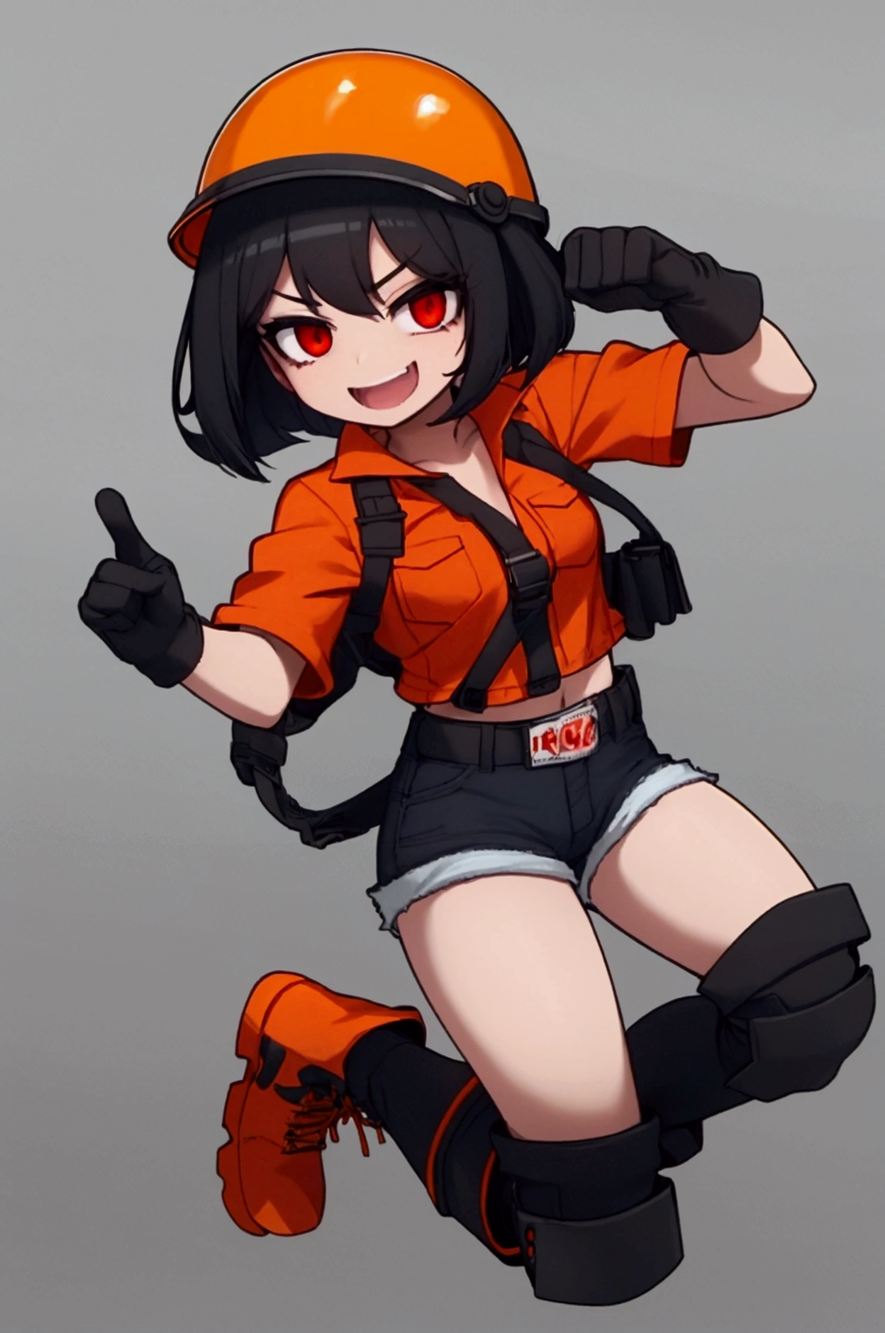 girl, black hair, bob, red eyes, orange short-sleeved safety jacket, black inner, denim shorts, black short socks, orange simple construction helmet, orange safety boots, white gloves, pointing finger 
