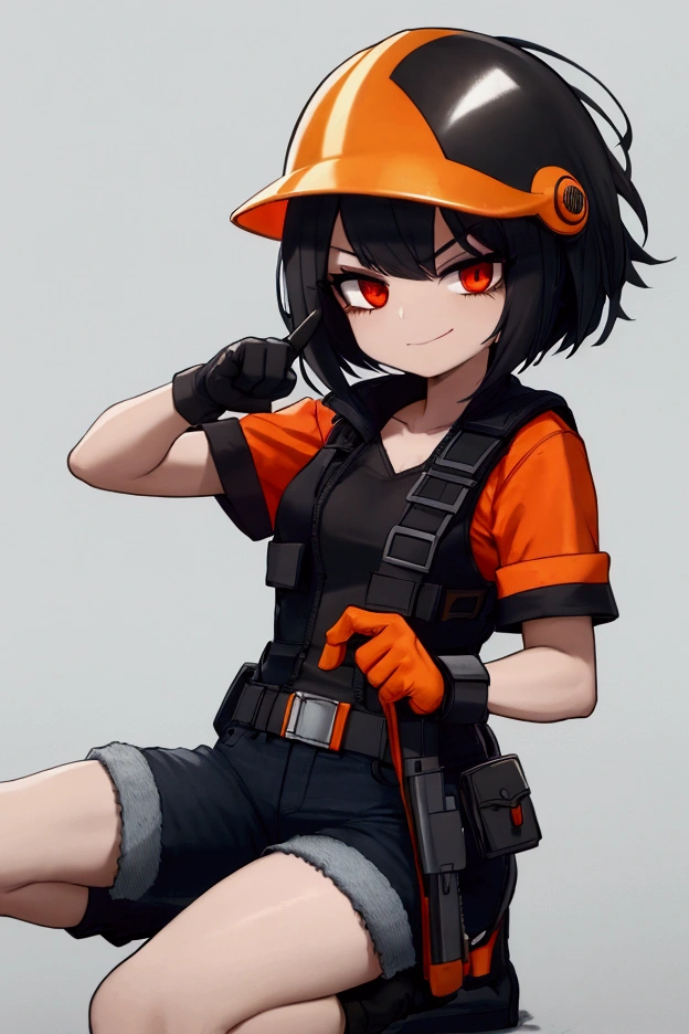 girl, black hair, bob, red eyes, orange short-sleeved safety jacket, black inner, denim shorts, black short socks, orange simple construction helmet, orange safety boots, white gloves, pointing finger